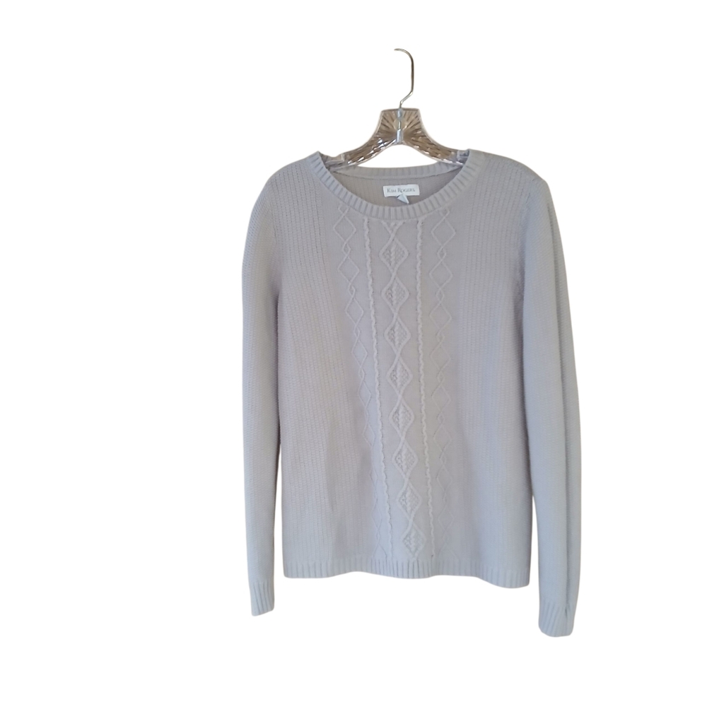 Kim Rogers Gray Crew Neck Cable Accent Cotton Sweater Size Small